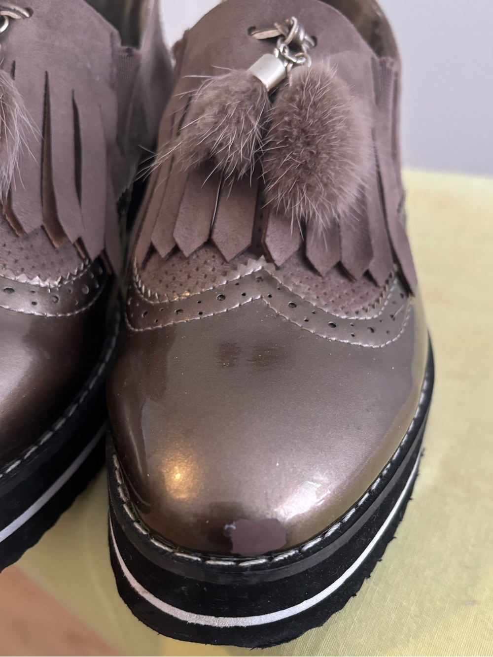 3 for $15😍 Mellisa metallic grey loafers with suede fringe and furry tassels. - Picture 10 of 10